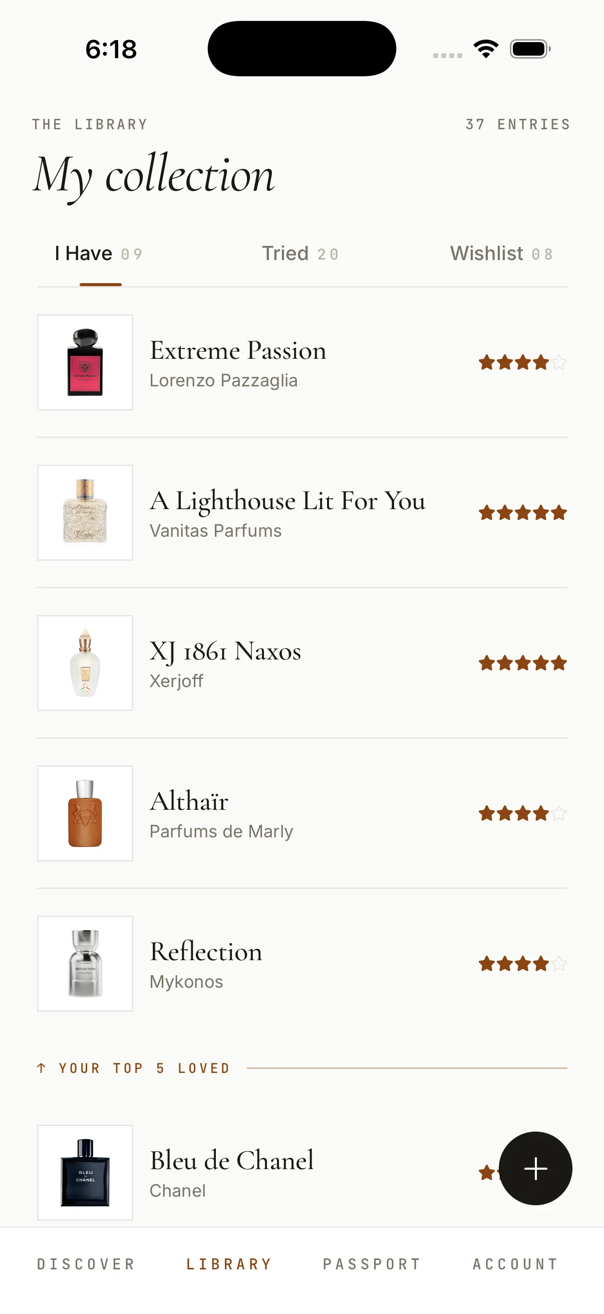 The My collection screen in ScentPass, listing owned fragrances under the I Have tab