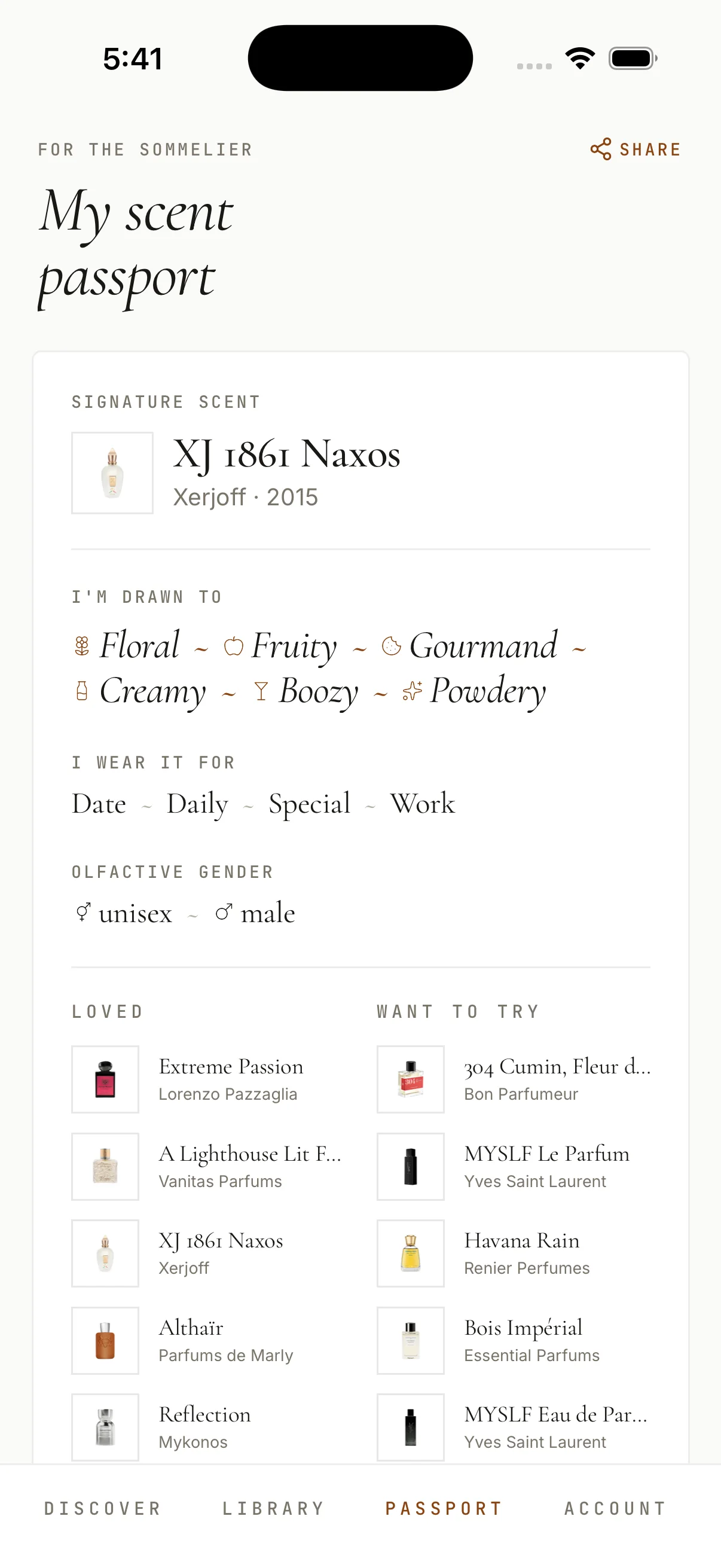 The scent passport screen in ScentPass, showing favourite families, occasions and signature fragrance